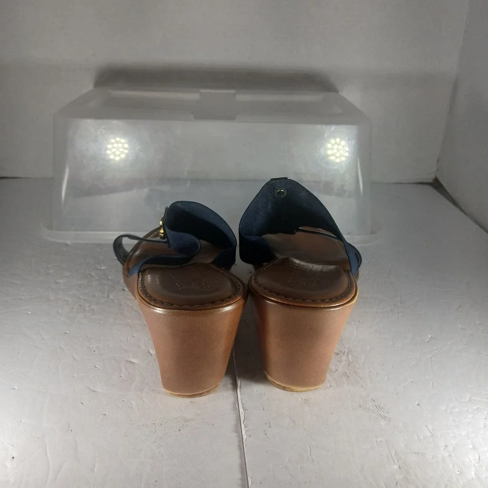 Italian Shoemakers Wedge Sandals 7M Navy Blue Gold Hardware Made in Italy